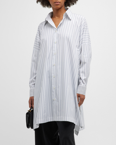 Eskandar Wide Longer-back Shirt With Collar And Side Slits- Very Long In White