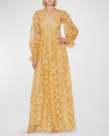Alberta Ferretti Floral Embroidered Plunging Illusion Gown In Beige