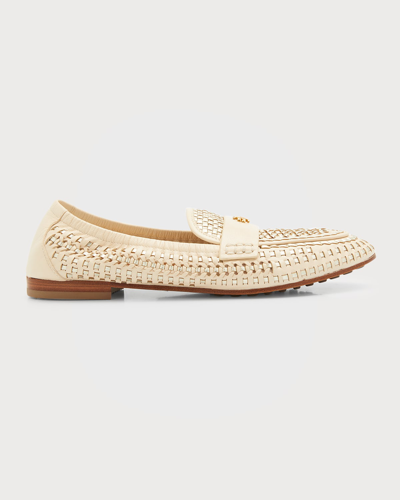 Tory Burch Woven Leather Mini Medallion Loafers In Brie