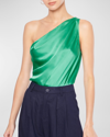Cami Nyc Darby Asymmetric Charmeuse Bodysuit In Turquoise