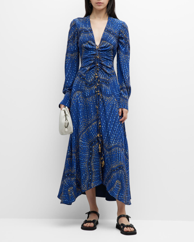 Altuzarra Mila Asymmetric Ruched Printed Silk-crepe Dress In Berry Blue