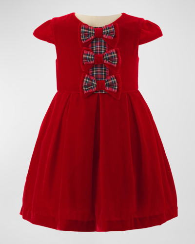 Rachel Riley Kids' Girl's Bow Velvet Holiday Tartan Bow Dress In Red