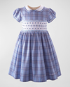 Rachel Riley Kids' Girl's Smocked Tartan-print Dress In Blue