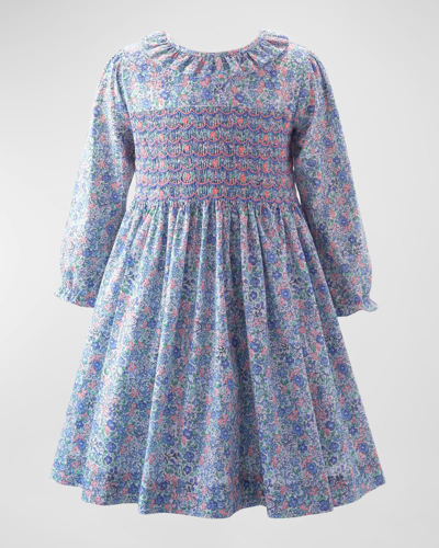 Rachel Riley Kids' Girl's Pastel Floral-print Smocked Dress 2-10 In Blue