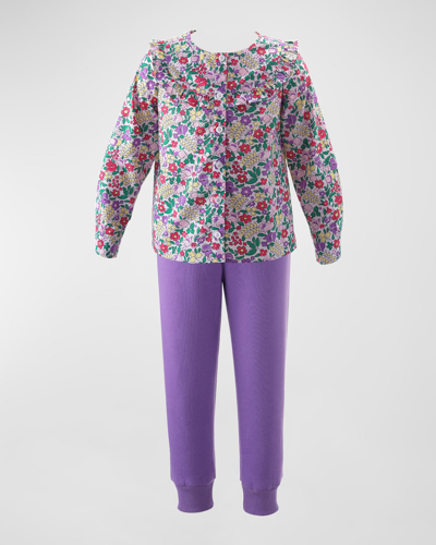 Rachel Riley Kids' Girl's Multicolor Floral-print Top W/ Joggers In Miscellaneous