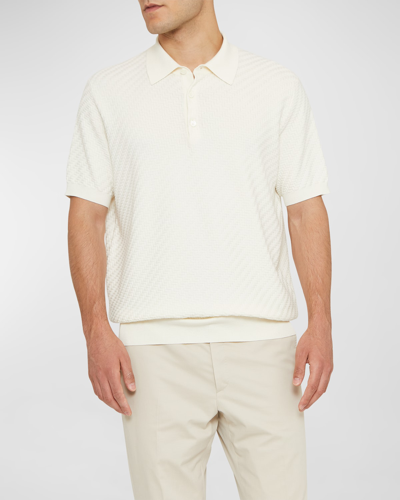 Brioni Men's Basketweave Stitch Polo Sweater In Ice