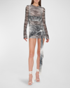 Attico Tiger-print Mesh Mini Dress In Blackwhite