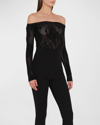 Attico Kim Lace Off-shoulder Bodysuit In Black