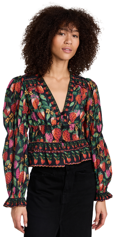Farm Rio Lady Strawberry Printed Peplum Blouse In Leopard Hearts Black ...