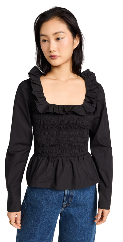 Ganni Long Sleeve Cotton Poplin Open-neck Smock Blouse In Black