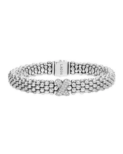 Lagos Sterling Silver Caviar Diamond X Rope Bracelet In White/silver