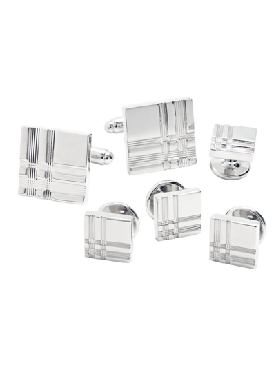 Link Up Tartan Plaid Stud & Cufflink Set In Silver