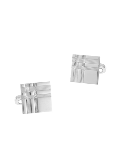 Link Up Men's Rhodium-plated Etched Plaid Square Cufflinks In Silver