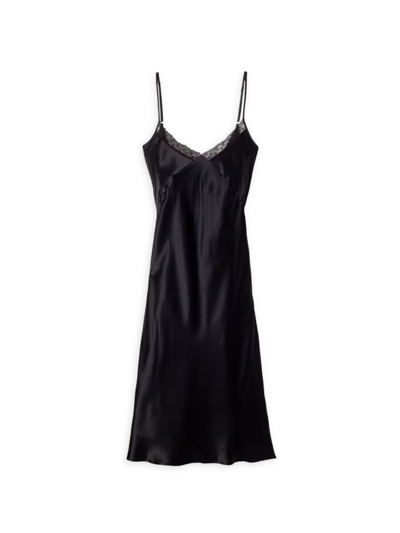 Petite Plume Silk Cosette Lace-trim Nightgown In Black