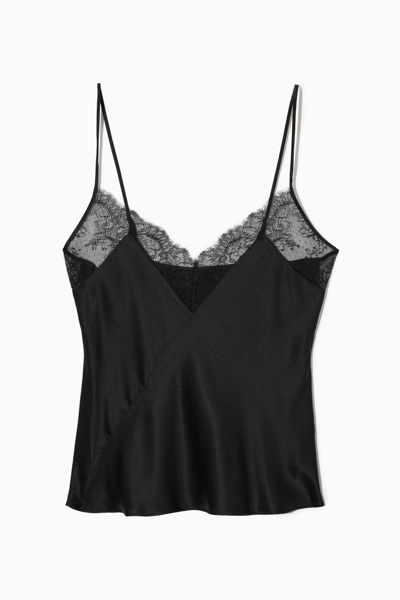 Cos Lace-trimmed Silk-blend Cami Top In Black
