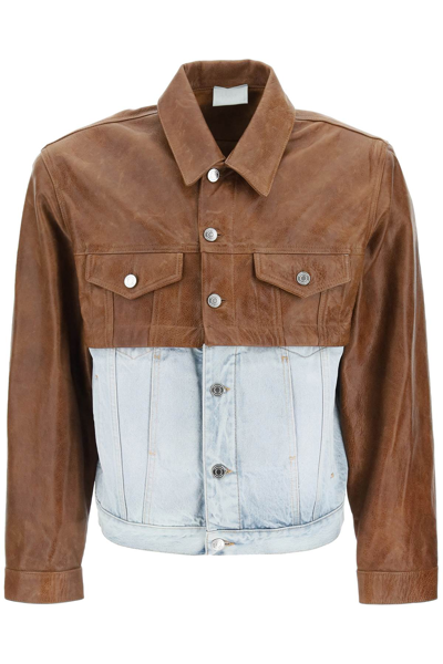 Vtmnts Convertible Leather And Denim Jacket In Brown