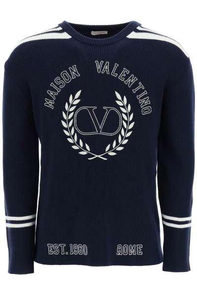 Valentino Embroidered Wool Sweater In Blue