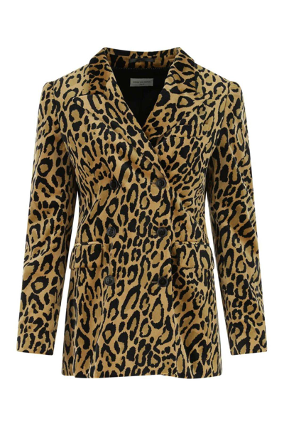 Dries Van Noten Leopard Print Double Breasted Cotton Blend Blazer In Brown/black