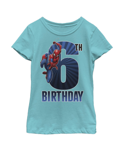 Marvel Kids' Girl's  Spider-man Swinging 6th Birthday Child T-shirt In Tahiti Blue