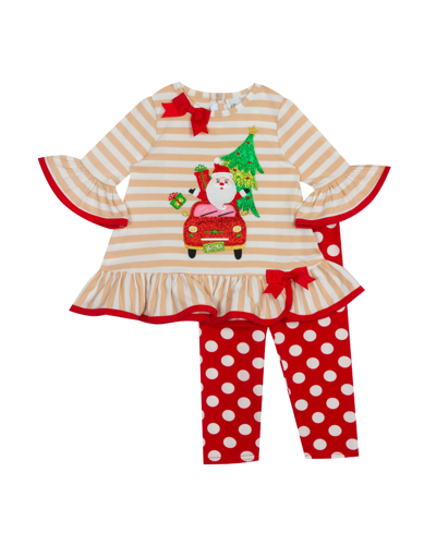 Rare Editions Baby Girls Oatmeal Stripe Knit With Santa Car Applique To Printed Dot Legging