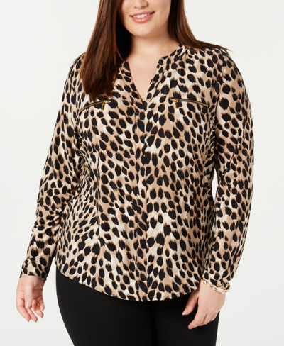 Inc International Concepts Plus Size Zip-pocket Top, Created For Macy's In Cheetah
