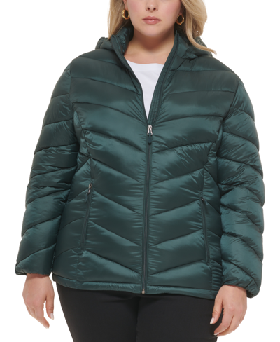 Charter Club Women's Plus Size Hooded Packable Puffer Coat, Created For Macy's In Dark Forest