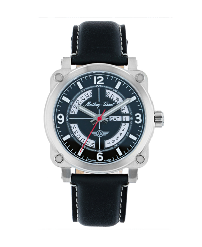 Mathey-tissot Men's Pilot Collection Three Hand Date Black Genuine Leather Strap Watch, 43mm