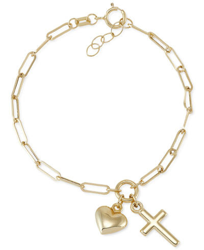Macy's Children's Cross & Heart Paperclip Link Charm Bracelet In 14k Gold