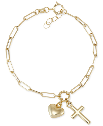 Macy's Kids' Children's Cross & Heart Paperclip Link Charm Bracelet In 14k Gold