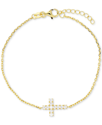 Macy's Cubic Zirconia East-west Cross Chain Bracelet In 14k Gold-plated Sterling Silver In Gold Over Silver