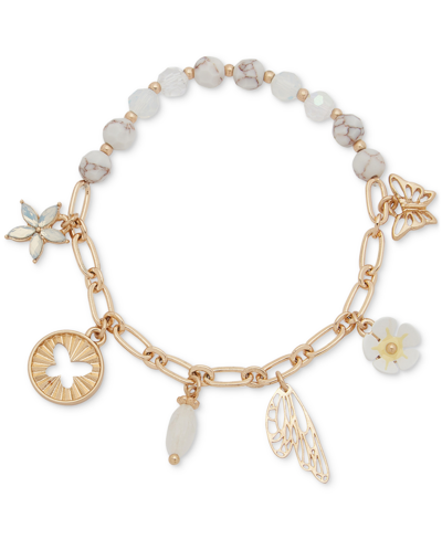 Lonna & Lilly Gold-tone Multi-stone Flower & Butterfly Charm Beaded Stretch Bracelet In White