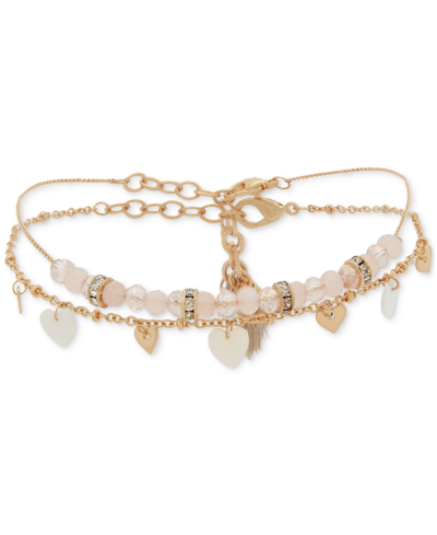 Lonna & Lilly Gold-tone 2-pc. Set Multi-stone Bead & Heart Ankle Bracelets In Pink