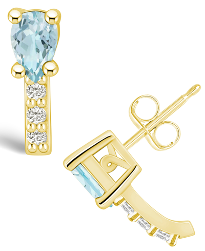 Macy's Aquamarine (3/4 Ct. T.w.) And Diamond (1/8 Ct. T.w.) Stud Earrings In 14k Yellow Gold