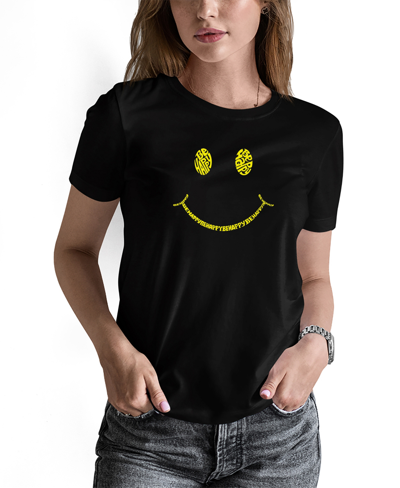 La Pop Art Women's Be Happy Smiley Face Word Art T-shirt In Black