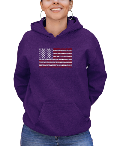 La Pop Art Women's 50 States Usa Flag Word Art Hooded Sweatshirt In Purple