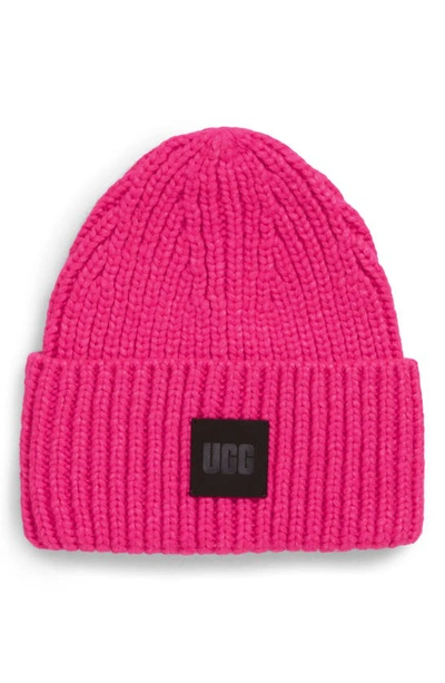 Ugg Chunky Rib Neon Pink Beanie In Fucsia