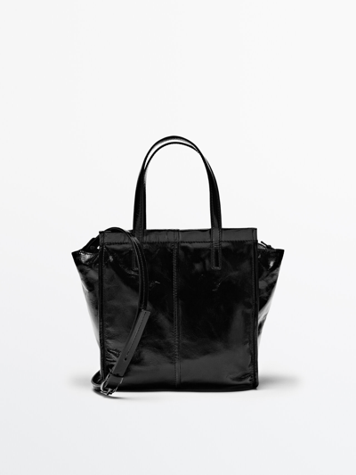 Massimo Dutti Mini Leather Tote Bag With A Crackled Finish In Black