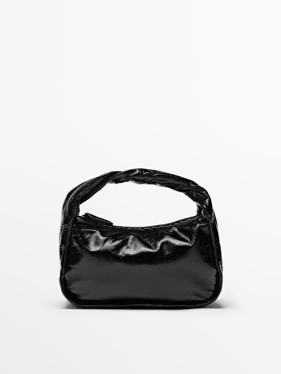 Massimo Dutti Leather Bucket Bag With A Crackled Finish In Black