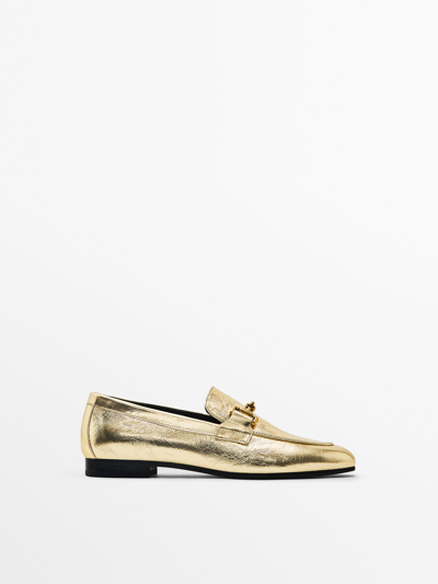 Massimo Dutti Crackled Leather Loafers With Buckle In Gold