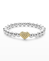 LAGOS STERLING SILVER AND 18K SIGNATURE CAVIAR HEART 8MM BALL STRETCH BRACELET