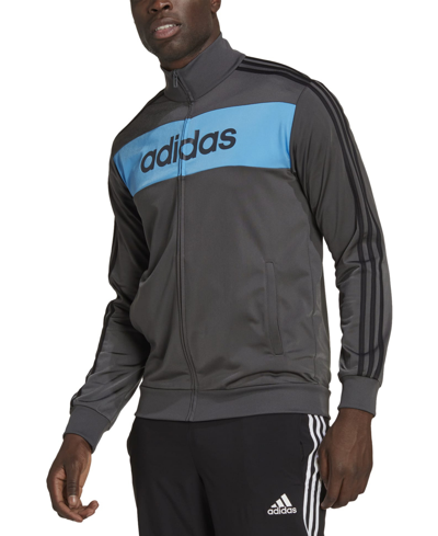 Adidas Originals Adidas Men's Colorblocked Three-stripes Zip-front Tricot Essentials Track Jacket In Grey / Pulse Blue
