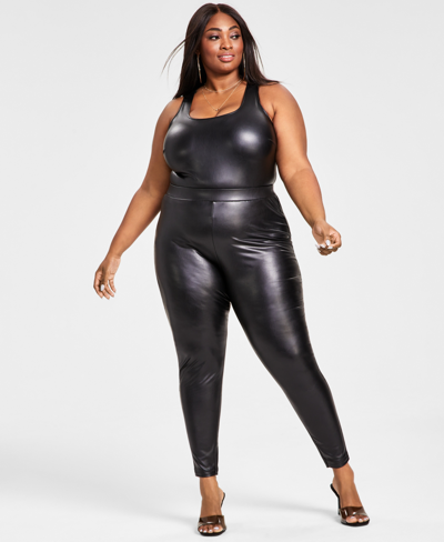 Nina Parker Trendy Plus Size Metallic Duster Faux Leather Bodysuit Faux Leather Leggings Created For Macys In Black