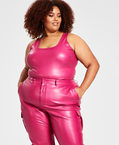 Nina Parker Plus Size Pleather Tank Scoop-neck Bodysuit, Created For Macy's In Sangria
