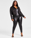 NINA PARKER PLUS SIZE PLEATHER DOUBLE-BREASTED CROPPED BLAZER, CREATED FOR MACY'S