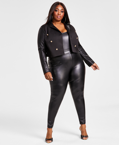 Nina Parker Plus Size Pleather Double-breasted Cropped Blazer, Created For Macy's In Black