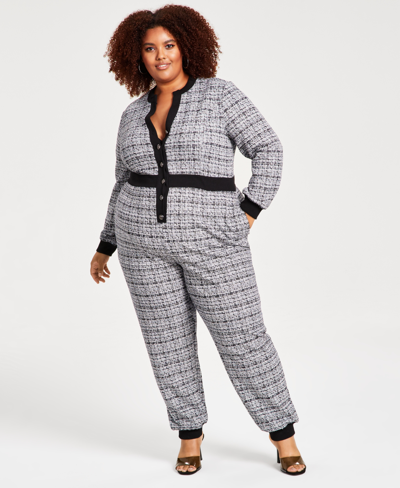 Nina Parker Plus Size Tweed Contrast-trim Button-front Jumpsuit, Created For Macy's In Black / White