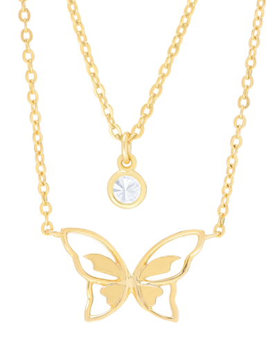 Macy's Lab-grown White Sapphire Bezel & Butterfly Layered Pendant Necklace (1/3 Ct. T.w.) In 14k Gold-plate