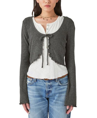 Lucky Brand Women's Cloud Ribbed Tie-front Cardigan In Charcoal Heather