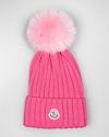 Moncler Cashmere Knit Beanie W/ Faux Fur Pom In Bright Pink