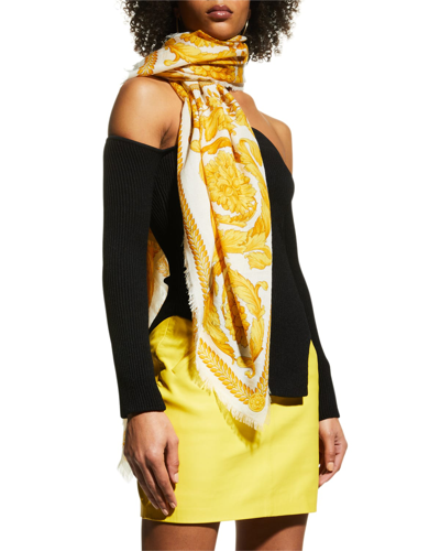 Versace Barocco-print Cashmere-blend Scarf In White / Gold